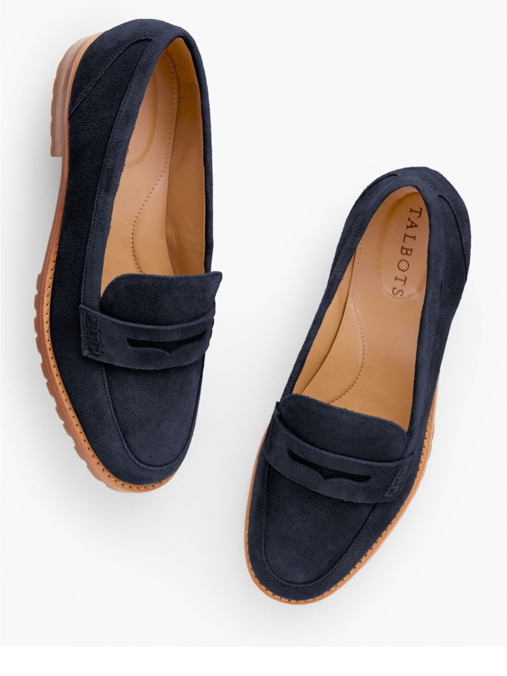 Talbots Cassidy Navy Suede Penny Loafers with Brown Sole Trim - Picture 2 of 5